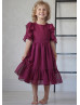 Short Sleeves Burgundy Chiffon Flower Girl Dress